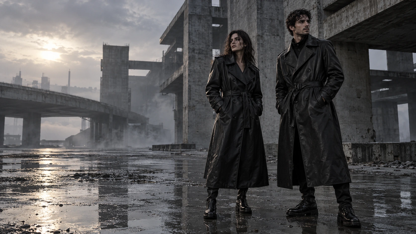 Two adults wearing black belted faux leather trenches in a weathered concrete setting